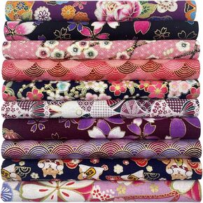 aufodara 10Pcs Cotton Craft Fabric Patchwork Bundle 20x25 cm, Japanese Style Printed Floral Beautiful Gold Patterns Bronzing Cloth for Sewing Quilting DIY Artcraft Handwork (Pink Purple)