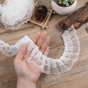 White Lace Ribbon, 2-Layer Pleated Edge White Lace Ruffle Trim for Crafts Sewing DIY, 1.8" x 5.5yd
