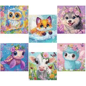 ShiCattle 6 Pack 5D Cartoon Diamond Painting Kits for Beginners, Cute Animals DIY Diamond Art Kit, Full Round Drill Big Gem Art, Home Wall Decoration 6X6 inch