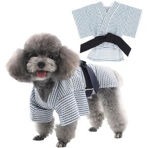 MANON ROSA Dog Costume Japanese Yukata Kimono - Traditional Pet Kimono Cosplay for Small & Medium Dogs, Puppies & Cats, Breathable Adjustable Summer Outfit (Sky Blue,XXS)