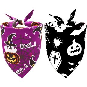 Halloween Dog Bandanas,Orange Pumpkin and Cute Ghost Dog Outfit,Seasonal Pet Scarf for Boy and Girl Dogs,Reversible Holiday Pet Costume for Medium to Large Dogs(2PCS,Purple,Black&White)