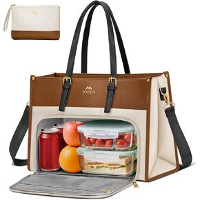 MATEIN Lunch Tote Bag for Women, 15.6 Inch PU Leather Laptop Briefcase with Insulated Lunch Compartment, Large Capacity Professional Computer Work Handbag with Purse for Office Nurse Teacher, 2 Sets