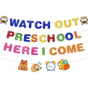 Watch Out Preschool Here I Come Banner First Day of Preschool Classroom Decorations First Day of Preschool Banner Preschool Classroom Decorations for School Teacher Students Classroom Party