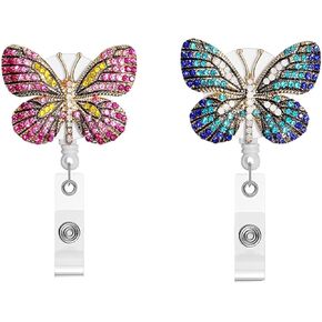 2Pcs Retractable Badge Holder Reel with Bling Diamond,Nurse Badge Holder Reels with Swivel Alligator Clip for Teachers Students Employees Identification Badges,Crystal Blue and Pink Butterfly Design