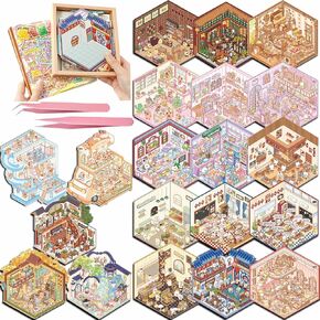 3D Sticker Scene - 20 Sets DIY Isometric House Sticker Therapy for Adults Stress Relief Pass The Time, Make Your Own Scene Stickers Miniature Supermarket Kawaii Cartoon Funny Stickers for Kids