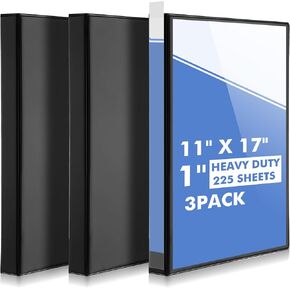 3 Pcs 11" x 17" 3 Ring Binder 1 Inch Large D Ring Binders with Pockets Presentation Folder View with Customizable Clear Cover for Documents Files Projects, Black