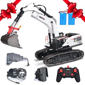 1594 RC Excavators for Adults Metal 1:14 Scale Professional Digger Construction Vehicle Hobby Gift Remote Control Tractor Crawler Toy Lights Sounds – 4 attachments and 2 Batteries