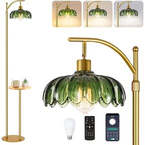 Arc Floor Lamp with Table and Shelves,Gold Floor Lamp for Living Room Glass Floor Lamps with Remote Control & 3 Color Temperature,Dimmable Standing Lamp Tall Flower Floor Lamps for Bedroom Corner