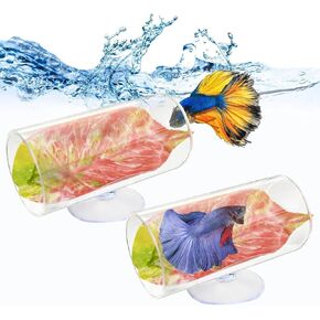 Hamiledyi 2 Pack Betta Tunnel Acrylic Betta Fsih Tube Tunnel with Suction Cups Betta Fish Toys Betta Leaf Pad Transparent Aquarium Decor for Small Fish Shrimp Guppy Resting Hiding (Pink Leaf)