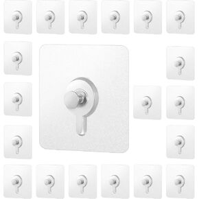 20PCS Heavy Duty Drill Free Adhesive Hooks for Hanging, No-Trace Sticker Wall Frame Picture Hangers Without Nails, Transparent Stick on Hooks with Waterproof and Oilproof for Kitchen Bathroom (2.6")