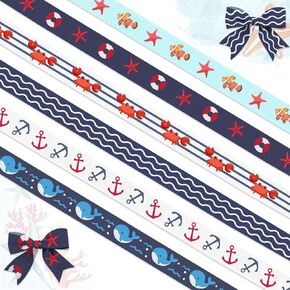 6 PCS Summer Ocean Themed Grosgrain Ribbons 3/8" Sea Animals Decor Ribbons 18 Yards, Sea Wave Starfish Craft Ribbons for Summer Party Favor Decoration Holiday Birthday Gift Packaging DIY Supplies