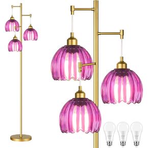 Modern Floor Lamp for Living Room Bedroom-3 Light Gold Floor Lamp with Glass Lampshape, Flower Tall Lamp Glass Standing Lamp Tree Green Floor Lamps for Living Room Bedroom,Corner