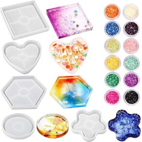 LotFancy 5pcs Epoxy Resin Coaster Molds with 12 Colors of Chunky Glitter Sequins, Silicone Mold Set - 4" Round Hexagon Square Heart Flower Shapes