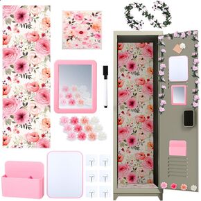 25 Pcs Flower Theme Locker Decoration and Organizer Kit Magnetic Locker Wallpaper Mirror Whiteboard Pen Holder Magnet Hook Rug Magnets Marker Garland for School Essentials