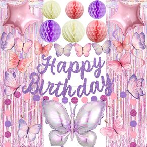 26Pcs Purple Happy Birthday Decorations for Women, Butterflies Birthday Decorations Purple Butterfly Decorations with Honeycomb Ball Hanging Swirl for Women Girl Butterfly Theme Party Supplies