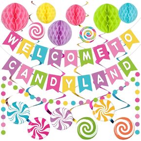 Pasimy Welcome to Candy Land Banner with Colorful Honeycomb Balls Candy Sweet Party Decorations Garland Hanging Swirls Decor Set Candy Lollipop Paper Cutouts Dot for Candy Birthday Party Supplies