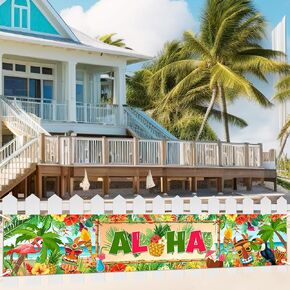 Hawaiian Aloha Banner XtraLarge Summer Tropical Yard Banner Flamingo Parrot Luau Party Decorations Aloha Tiki Backdrop for Beach Pool Party Supplies Hawaii Photo Props