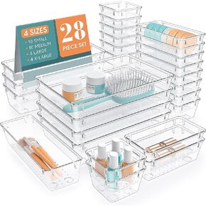 14 PCS Clear Plastic Drawer Organizer Set, 4-Size Versatile Bathroom and Vanity Desk Drawer Organizer Tray Divider, Storage Bins for Makeup, Kitchen Gadgets Utensils, Bedroom and Office