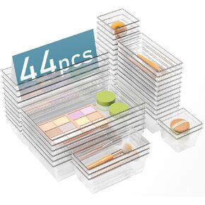 44 PCS Clear Plastic Drawer Organizers Set, 4 Size Versatile Bathroom and Vanity Organizer Trays, Cosmetic Display Cases for Makeup, Jewelries, Bedroom，Kitchen Utensils and Office