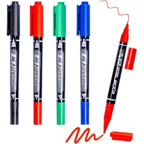 Dual Tip Permanent Markers, 4 Pack, Fine & Ultra Fine Tip, Fine Tip Permanent Markers, Quick Drying, Works on wood, Paper, Plastic, Metal and Glass, for Home, Office and School use (4)
