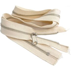 Natural Cotton Tape YKK #5 Nickel Metal Medium Weight Zipper Long Pull (Non Lock) Closed End Choose Color Natural - Length (1 Zipper) Made in The United States (Natural Cotton, 24" Inches)
