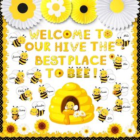 Faccito Bee Bulletin Board Decorations Summer Bee Classroom Decor Sunflower Hive Cutouts Name Tag Cut Outs with Sunflower Paper Fans for Summer Birthday Back to School Party Supplies