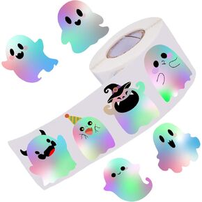500pcs ملصقات أشباح ليزر لطيف مع 8 تصاميم ، ملصقات سعة 1.5 بوصة للذات ، ملصقات ختم مظروف ملصقات البوو ، ملصقات مظروف للهالوين.
