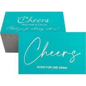 RXBC2011 Cheers Beverage Cards Drink Token One Drink On Us Wedding Party Celebration Pack of 100 2x3.5 Inch Teal
