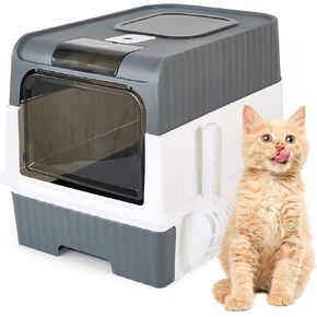 Cat Litter Box with Scoop, Large Foldable Litter Box with Lid, Front Entry Top Exit Kitty Box, Odor Control, Easy to Clean (Grey)