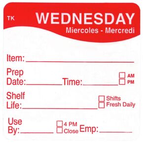 Daymark ToughMark Wednesday Labels Red/White Day of The Week - 2" Square 500 Per Roll