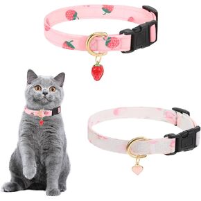 2Pcs Cat Collar, Removable Strawberries Kitten Collar with Bell Adjustable Cute Cat Collar Pet Supplies Necklace Accessories Suitable Girl Boy Kitten Gifts (White Pink)