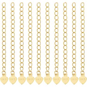 Beebeecraft 1 Box 10Pcs Bracelet Heart Chain Extender Real 18K Gold Plated 925 Sterling Silver Hearts Tabs Charm Extension Curb Chains Tails for Jewelry Making Necklaces Bracelets DIY Crafts Supplies