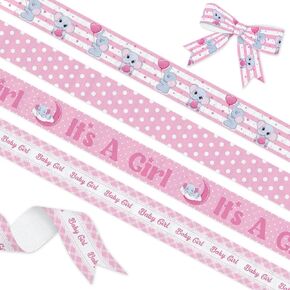 YKW 4 Pack Baby Girl Ribbon, 1 Inch x 5 Yards Each, Pink Elephant Decorative Grosgrain Ribbon with Stars Moon for Baby Shower, Gender Reveal Party, Nursery Decor, Gift Wrapping & DIY Crafts