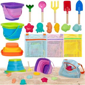 Beach Toys for Kids Ages 4-8 – Collapsible Sand Toys Set with 3 Foldable Beach Buckets, 5 Shovel, 5Sand Molds, 3 Mesh Storage Bag – Pool Toys & Beach Toys for Travel, Backyard, Sandbox