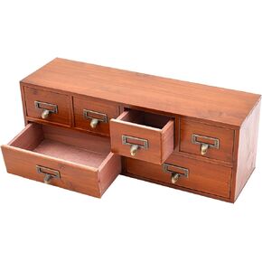 Vintage Drawer Wooden Desk Organizer, 6-Drawer Gift Storage Case Organizer Stand, Iron Label Holders, for Home Office Toiletries Supplies Vanity, Brown