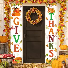 Fall Thanksgiving Decorations - Give Thanks Door Banner & Porch Sign - Autumn & Harvest Themed Props