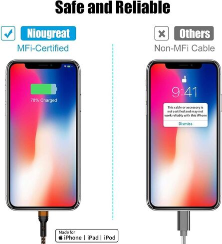 كابل iPhone معتمد من MFi [عبوة من قطعتين، 6.6 قدم] كابل USB مجدول من الفولاذ المقاوم للصدأ مع سترة مطلية بالعزل، نقل بيانات قوي وسريع الشحن، متوافق مع iPhone/iPad (وردي غير لامع) in Kuwait