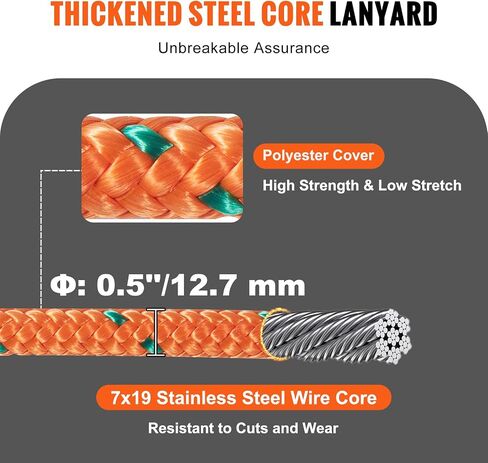 VEVOR 12.7mm Steel Core Flipline, 10ft(3m) Arborist Flipline, Flip Line for Tree Climbing with Alloy Steel Snap Hook & Aluminum Alloy Carabiner, 30KN Breaking Tension for Fall Protection, Tree Climber in Saudi Arabia