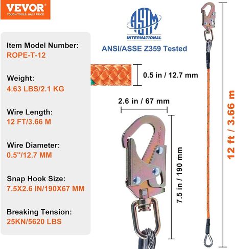 VEVOR 12.7mm Steel Core Flipline, 10ft(3m) Arborist Flipline, Flip Line for Tree Climbing with Alloy Steel Snap Hook & Aluminum Alloy Carabiner, 30KN Breaking Tension for Fall Protection, Tree Climber in Saudi Arabia