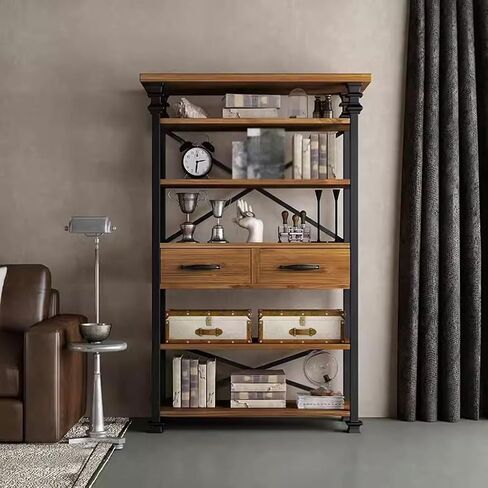 Bookshelf Retro Iron Multi-Layer Storage Rack Office Living Room Industrial Style Floor-Standing Solid Wood Bookshelf Bookshelves and Bookcases in Kuwait