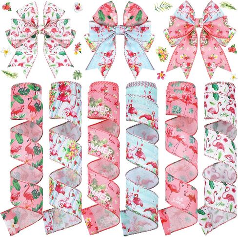 Duraaamo 6 Rolls 30 Yards Total Summer Flamingo Wired Edge Ribbon Party Burlap Ribbon Tropical Ribbon Summer Tropical Ribbons for Crafting Luau Hawaiian Gift Wrapping Bows Crafting Decorations in Kuwait