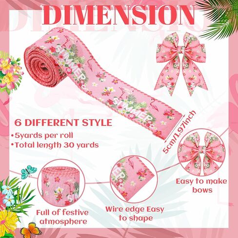 Duraaamo 6 Rolls 30 Yards Total Summer Flamingo Wired Edge Ribbon Party Burlap Ribbon Tropical Ribbon Summer Tropical Ribbons for Crafting Luau Hawaiian Gift Wrapping Bows Crafting Decorations in Kuwait