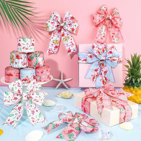 Duraaamo 6 Rolls 30 Yards Total Summer Flamingo Wired Edge Ribbon Party Burlap Ribbon Tropical Ribbon Summer Tropical Ribbons for Crafting Luau Hawaiian Gift Wrapping Bows Crafting Decorations in Kuwait