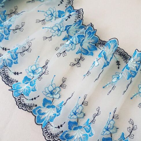 Tulle Fabric Roll 2 Yards Flower Embroidered Tulle Organza Lace Trim for Sewing Dress Clothes Sofa Curtain Decor DIY Crafts Supplies(Blue) in Kuwait
