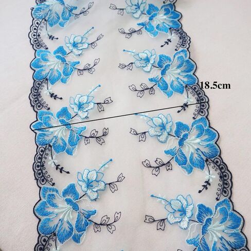 Tulle Fabric Roll 2 Yards Flower Embroidered Tulle Organza Lace Trim for Sewing Dress Clothes Sofa Curtain Decor DIY Crafts Supplies(Blue) in Kuwait