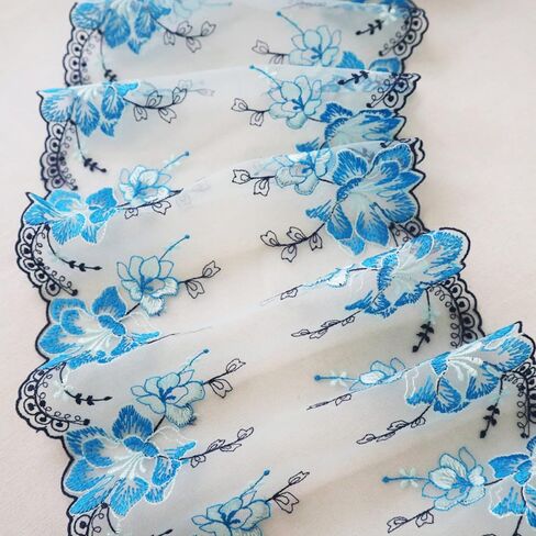 Tulle Fabric Roll 2 Yards Flower Embroidered Tulle Organza Lace Trim for Sewing Dress Clothes Sofa Curtain Decor DIY Crafts Supplies(Blue) in Kuwait