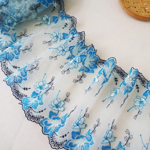 Tulle Fabric Roll 2 Yards Flower Embroidered Tulle Organza Lace Trim for Sewing Dress Clothes Sofa Curtain Decor DIY Crafts Supplies(Blue) in Kuwait