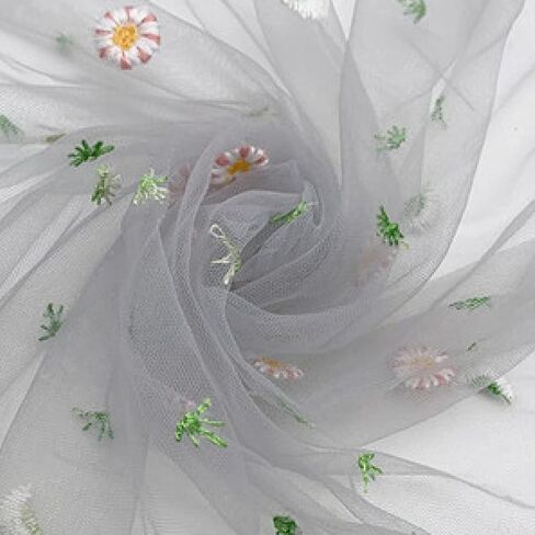 Tulle Fabric Roll Cute Flower Daisy Embroidery Tulle for DIY Skirt Bag Party Home Decor Sewing Curtain Tablecloth Soft Lace Mesh Fabric(Gray) in Kuwait