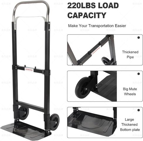 LEADALLWAY Foldable Hand Truck 220lbs Capacity, Heavy Duty Steel Collapsible Utility Cart with TPR Wheels & Free Bungee Cord, Portable Dolly for Home/Office/Warehouse in Saudi Arabia