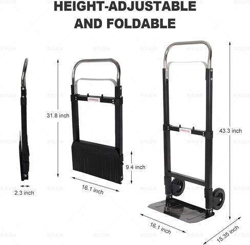 LEADALLWAY Foldable Hand Truck 220lbs Capacity, Heavy Duty Steel Collapsible Utility Cart with TPR Wheels & Free Bungee Cord, Portable Dolly for Home/Office/Warehouse in Saudi Arabia